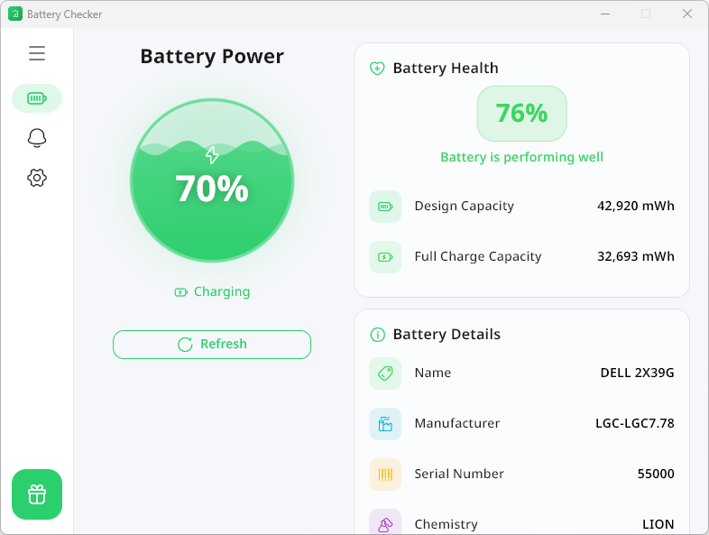 Battery Health Checker app showing detailed battery information and wave indicator
